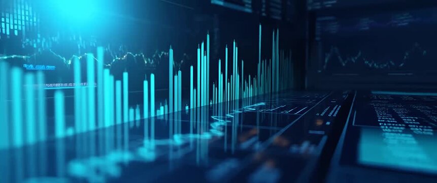 Dynamic stock market graphs pulse with energy as the camera smoothly pans across a futuristic digital dashboard, revealing a cinematic view of financial data analysis in motion.