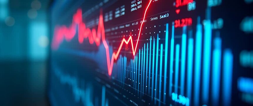Dynamic stock market graph with fluctuating trends, as camera slowly pans across a cinematic financial dashboard, showcasing real-time data analysis and economic insights in a modern setting.
