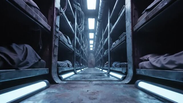 Dystopian sleeping barracks with many bunk beds and people