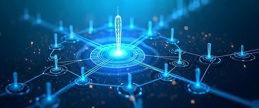 Futuristic cityscape with glowing 5G network, digital connections pulsate across the scene; camera smoothly pans over a vibrant, illuminated grid, creating a cinematic technology showcase.