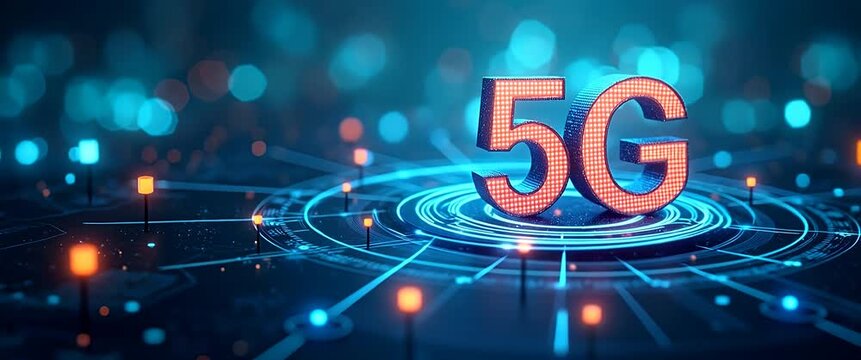 Futuristic 5G technology concept with glowing digital grid; camera slowly pans revealing dynamic network connections in a cinematic style, highlighting innovation and connectivity.