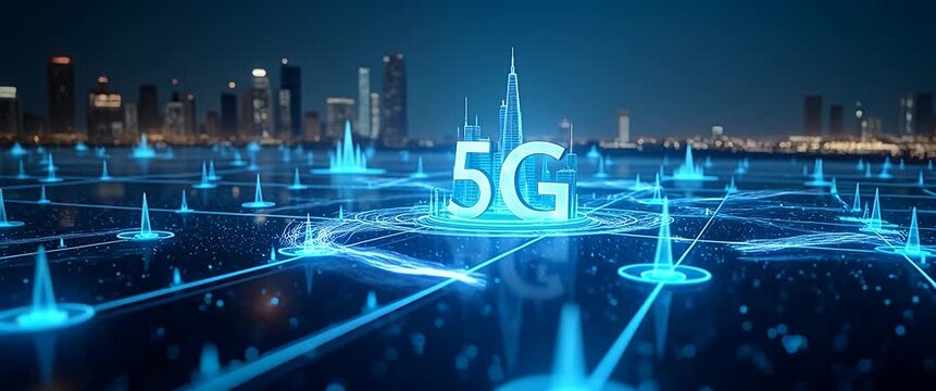 Futuristic cityscape with glowing 5G network, digital connections pulsate across the scene; camera smoothly pans over a vibrant, illuminated grid, creating a cinematic technology showcase.