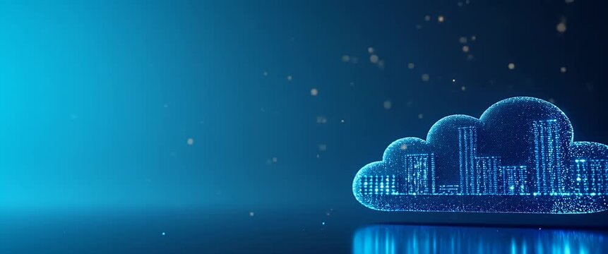 Futuristic digital cloud with neon cityscape gently pulses as the camera slowly pans across a starry, abstract background, creating a cinematic, high-tech ambiance.