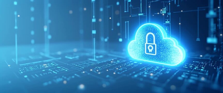 Pulsating digital cloud with lock icon, slow camera pan, ambient light flicker, cinematic style; explore cybersecurity, data protection, and cloud technology advancements.
