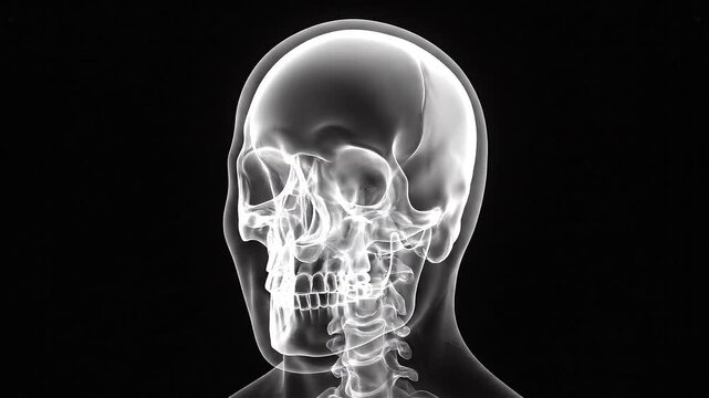 Anatomical illustration of a human skull and cervical spine in a transparent x-ray style against a black background.