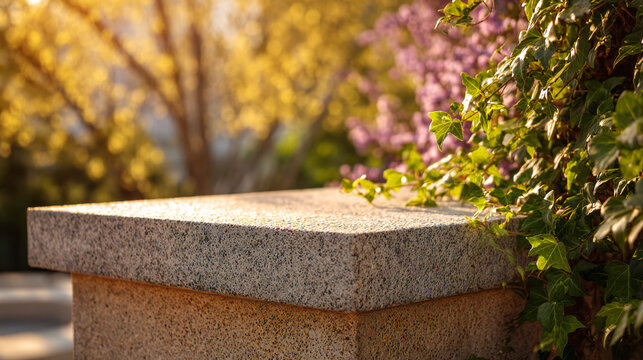 Lone speaker on weathered concrete podium with pastel ribbon and ivy, soft octabox lighting, sharp focus, bokeh background &ndash; commercial style