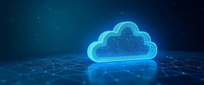 Glowing digital cloud icons float seamlessly as the camera slowly pans across a futuristic, cinematic network landscape, highlighting advanced technology and data connectivity in a dynamic, ambient sc