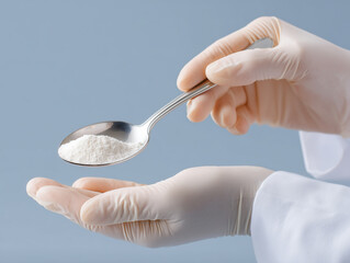 医療用手袋で白い粉末をスプーンに乗せて計量する手元