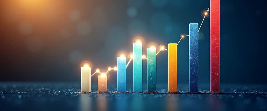 Dynamic bar chart grows upward, illustrating financial success; camera slowly pans across, highlighting data points with a cinematic glow against a softly blurred background.