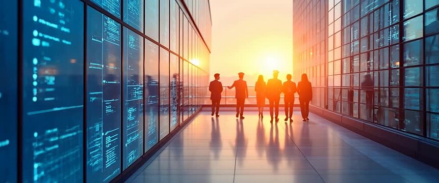 Business professionals stride confidently through a glass corridor at sunset, as the camera slowly pans, capturing ambient light reflections and creating a cinematic, inspirational atmosphere.