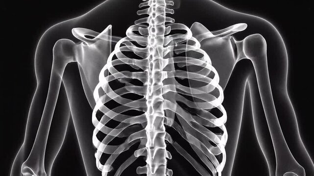 Anatomical illustration of the human skeletal system, focusing on the torso and upper body.