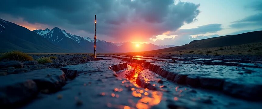 Majestic sunset over rugged mountain terrain with glowing lava flow, clouds slowly drift, camera gently pans across dramatic landscape, cinematic and immersive visual experience.