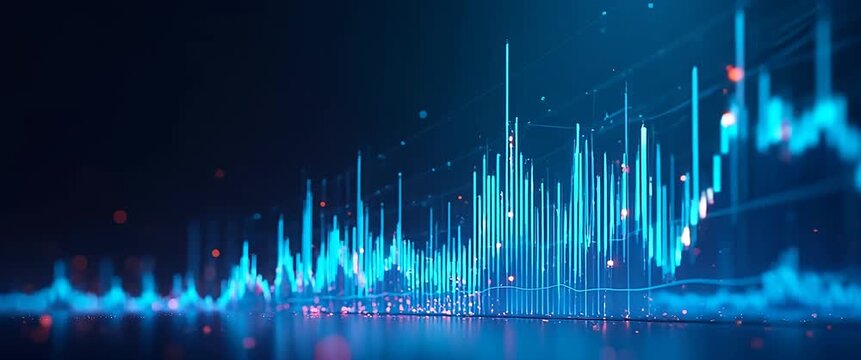 Dynamic financial data visualization with glowing graphs rises and falls, as the camera slowly pans across a futuristic, digital landscape in a cinematic style.