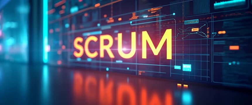 Futuristic office environment with dynamic digital screens displaying Scrum in glowing letters, ambient light flickers, and a slow camera pan, cinematic style, ideal for tech innovation concepts.