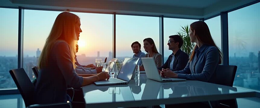 Corporate professionals engage in a boardroom meeting as the sun sets, creating a warm, cinematic glow; the camera slowly pans across the scene, capturing the ambient city skyline through glass walls.