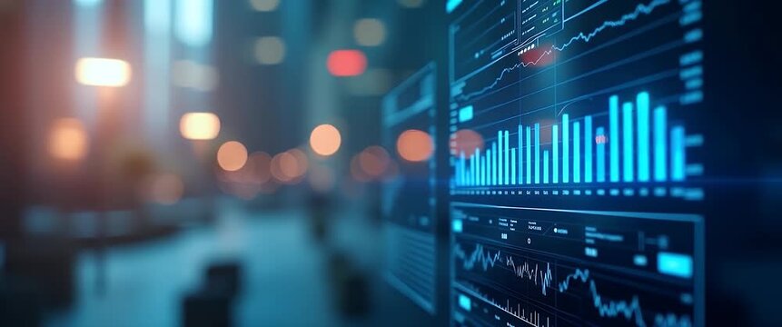 Cinematic financial data visualization with animated graphs and charts; camera slowly pans across an illuminated digital interface in a corporate office scene, ambient lights softly flicker.