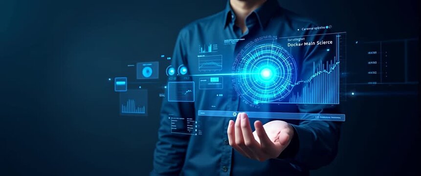 Business professional interacts with futuristic holographic data visualization; camera slowly pans while digital graphs animate dynamically in a sleek, cinematic style.