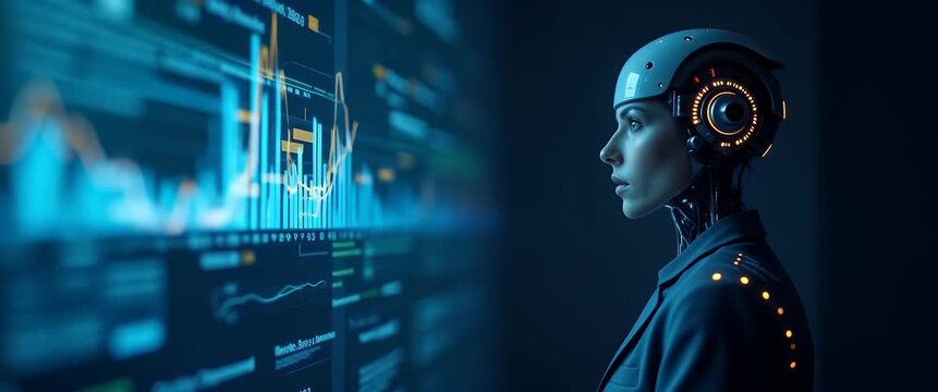 Futuristic AI robot analyzes dynamic data visualizations on a digital screen, with a slow camera pan capturing the high-tech environment in a cinematic style.