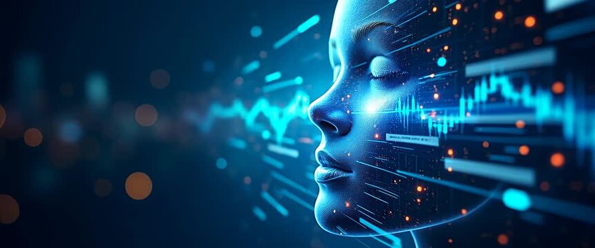 Futuristic AI face with digital data streams glows as camera slowly pans, while ambient lights flicker in a cinematic, high-tech scene, highlighting innovation and technology trends.