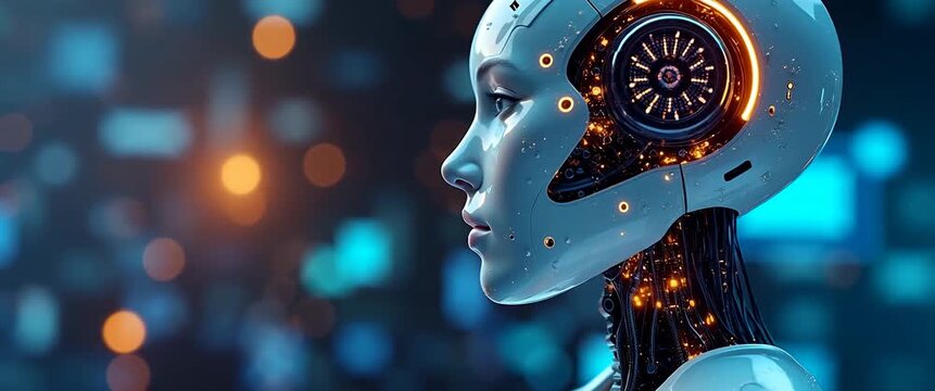 Futuristic AI robot with illuminated circuits gazes forward as the camera slowly pans across a high-tech, softly blurred digital landscape, creating a cinematic, sci-fi ambiance.