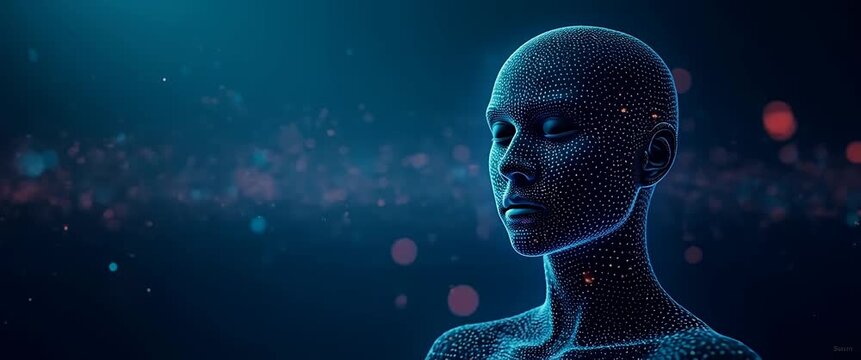 Futuristic AI concept with a digital human head in profile, glowing with data points; gentle ambient motion as lights flicker; camera slowly pans across a deep blue, cinematic background.