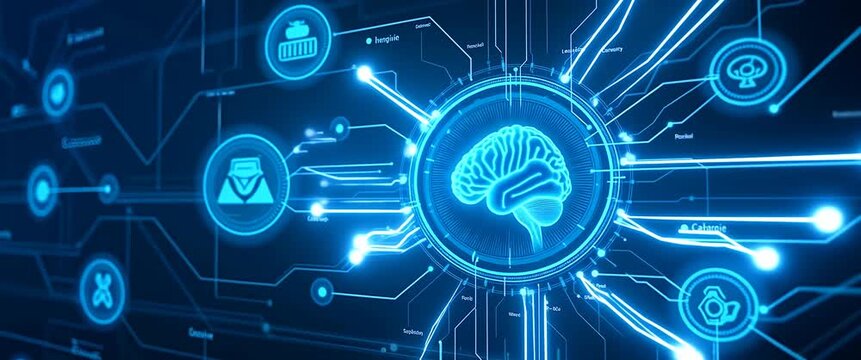 Futuristic digital brain pulses with glowing data streams, while the camera slowly pans across a dark, ambient tech landscape; cinematic, innovative, AI concept.