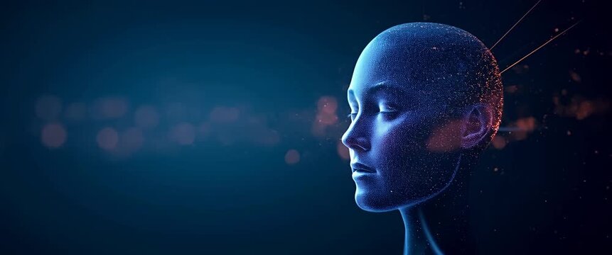 AI head silhouette glows with digital particles, slowly rotating, as the camera smoothly pans in a futuristic, cinematic scene, perfect for technology and innovation themes.