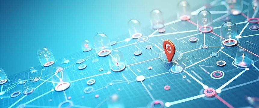 Futuristic digital network map with location icons pulses gently, as camera slowly pans across a vibrant, cinematic scene, highlighting innovation, technology, and data connectivity.