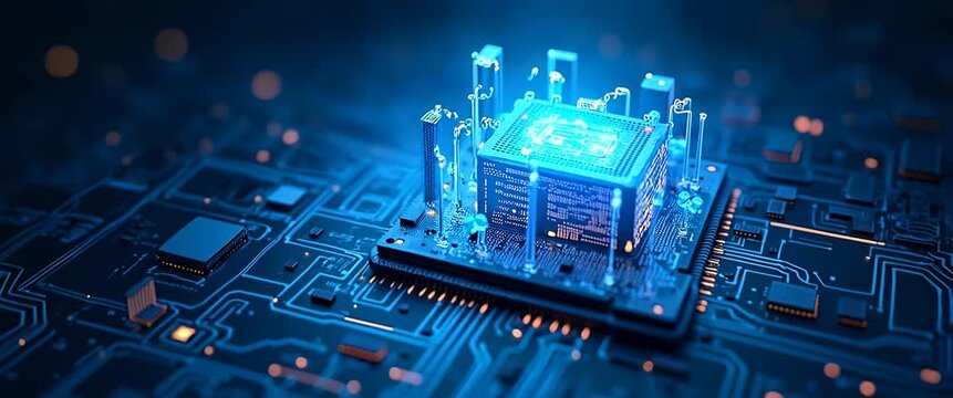 Futuristic microchip cityscape with glowing neon elements, as camera slowly pans across circuit board, illustrating digital technology and innovation in a cinematic style.