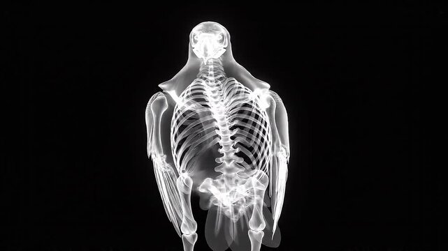 An X-ray view of a human skeleton showing the spine, rib cage, and upper body bones against a black background.