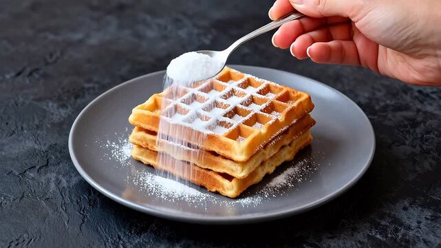 Stacked waffles with powdered sugar