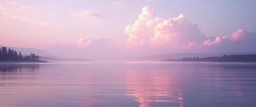 Tranquil sunset over a serene lake with gentle water ripples, as the camera slowly pans across pink-hued clouds, creating a peaceful and cinematic landscape scene.
