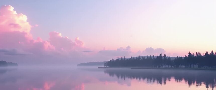 Serene lake at dawn with gentle water ripples, as the camera slowly pans across a pastel-hued sky, capturing tranquil reflections and soft, cinematic clouds drifting above.