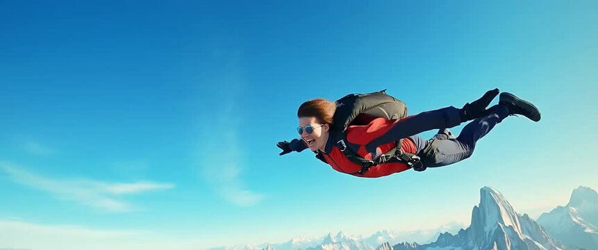 Skydiver freefalls over majestic mountains, capturing cinematic excitement; camera smoothly tracks, while clouds subtly drift, creating an exhilarating adventure moment.