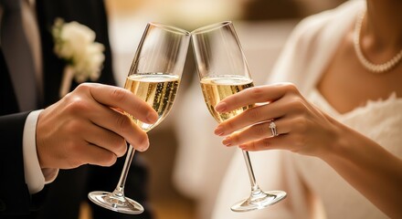 Close-up of a bride and groom toasting with champagne flutes in a blurred wedding venue with a joyful mood.