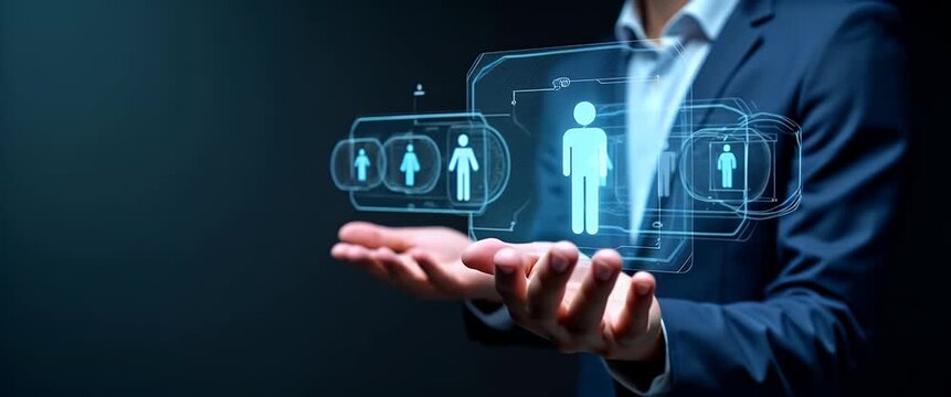 Businessman presents holographic human icons in futuristic digital interface, with slow camera pan and ambient light flicker, in a sleek, cinematic style.
