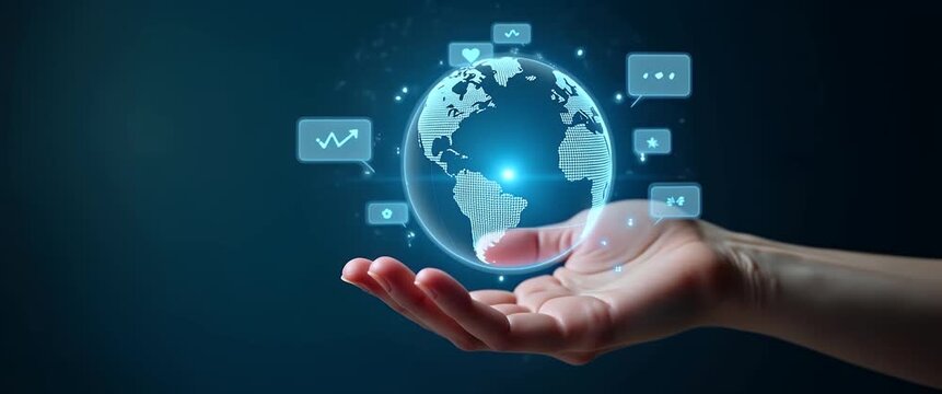 Hand gently holds a glowing digital globe, surrounded by floating icons, with a slow pan across the scene in a cinematic style, symbolizing global connectivity and innovation.