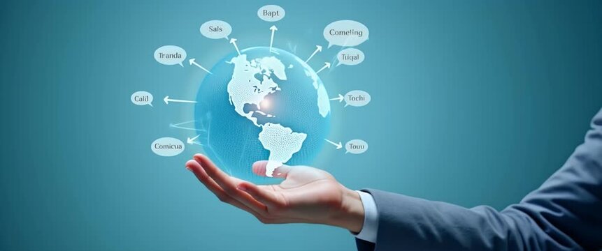 Businessman's hand gently rotates a digital globe with animated lines connecting global business networks, as the camera slowly pans across a modern, minimalist background; cinematic and professional.