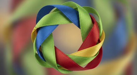 Close-up of colorful ribbons twisted into a knot against a blurred multicolored background with a shallow depth of field.