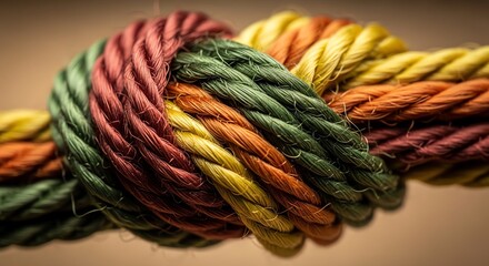 Close-up of a multicolored rope with green, orange, yellow, and red strands tied in a knot against a blurred brown background.