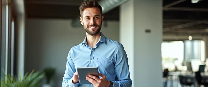 Confident professional holding a tablet in modern office, with a slow camera pan and gentle ambient motion of distant office activity, captured in a cinematic, business-focused style.