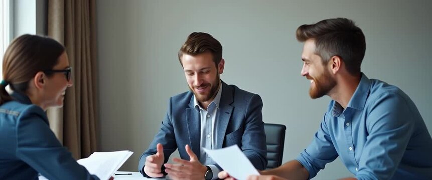 Business professionals engage in animated discussion at a conference table, camera gently tracks their movements, capturing a cinematic scene with ambient light flicker for dynamic teamwork visuals.
