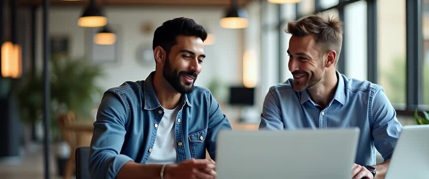 Two professionals engage in lively discussion at a modern office workspace, with gentle ambient lighting and a steady camera pan enhancing the scene's energetic, collaborative atmosphere.