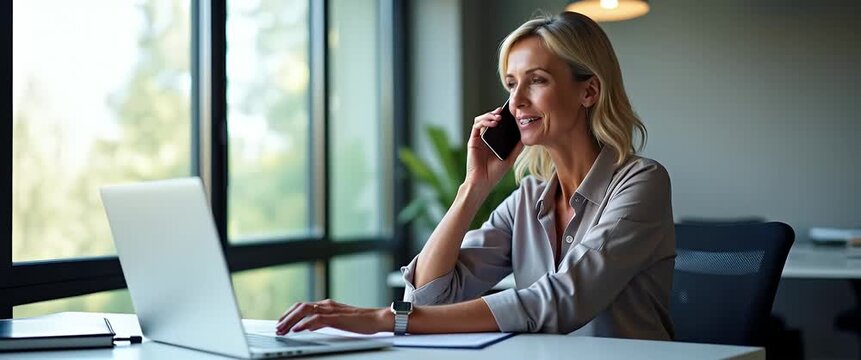 Professional woman smiles during a phone call in a modern office, camera gently pans as sunlight filters through large windows, creating a bright, motivating atmosphere, cinematic style.
