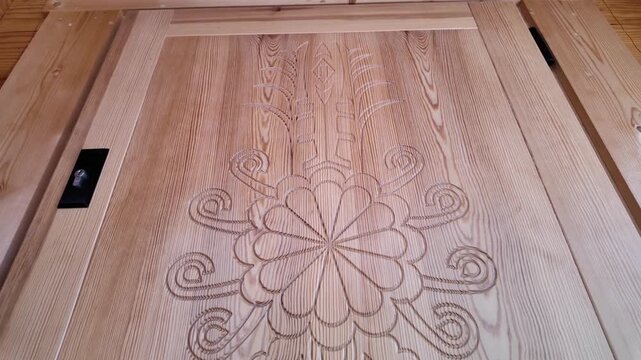 Close‑up approach to an ornate wooden entrance featuring detailed mountain‑style carvings in a rustic log cabin.