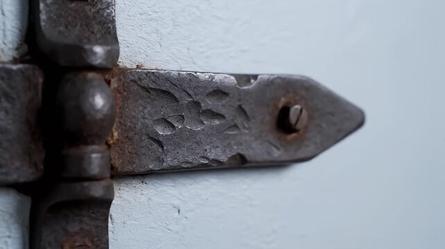 Antique Forged Iron Strap Hinge Detail on a Light Blue Painted Door