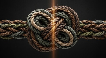 Close-up of a secure rope knot with braided strands in earthy tones on a dark background with a warm glow.