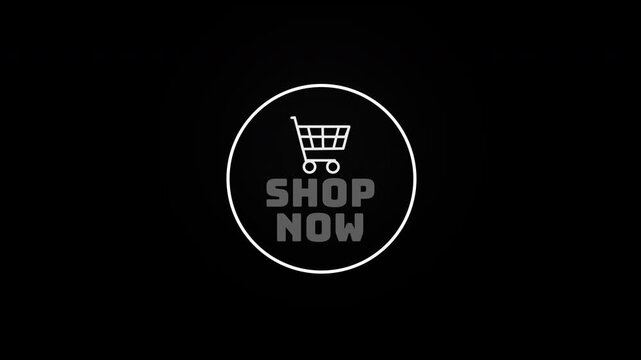shop now text and  circle with shopping cart icon used for online retail website promotional banner and marketing video animation