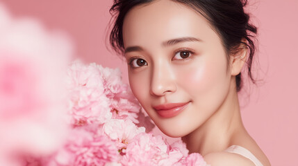 ピンクの花と微笑む美しいアジア人女性