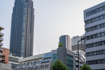 都会にそびえ立つ高層マンションと青空
